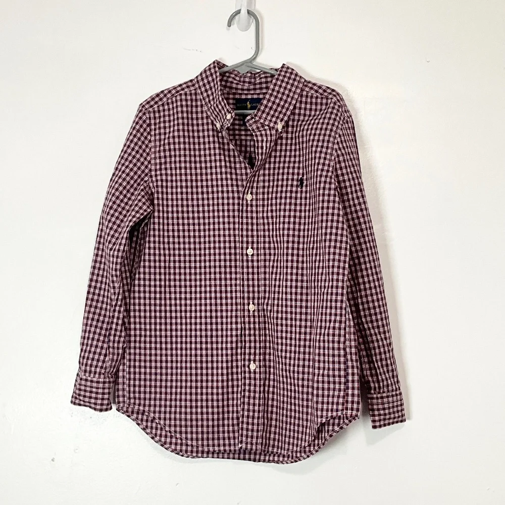 Polo Ralph Lauren Boys Plaid Button Down Shirt Red Blue White Cotton Size 7